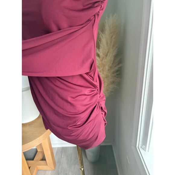 Musera Ruched Long Sleeve Top Size XL Asymmetrical Off Shoulder Burgundy - Picture 6 of 8